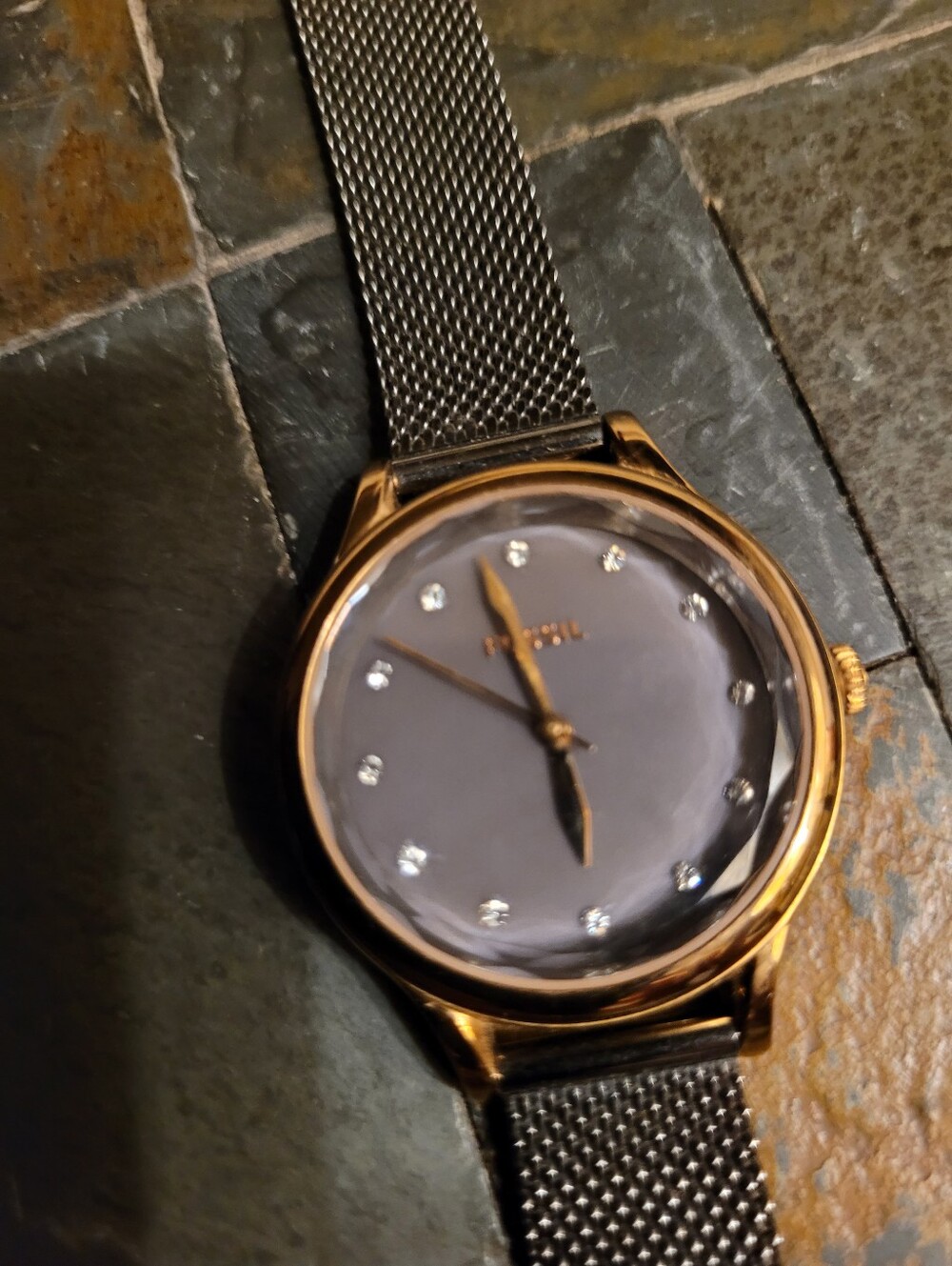 Fossil Women's Quartz Bronze Dial Gold Tone Mesh Watch with Crystals